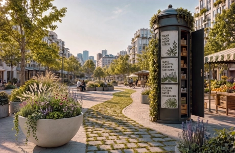GREEN and THE CITY – grüner Stadtplatz mit begrünten Planter und begrünten Pflaster - KI generiertes Bild mit Godelmann Produkten 