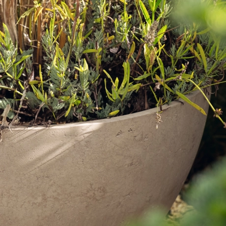 Nahaufnahme eines sandfarbenen Pflanztrogs von einer schalungsglatten Oberfläche aus Hochleistungsbeton mit Luftporen.
