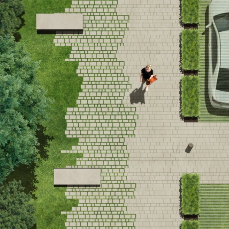 Luftbildaufnahme eines Renderings mit begrünbaren Pflastersteinen und dem GDM.KLIMASTEIN als Lösung für Schwammstädte