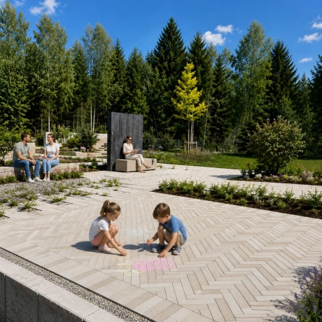 Zwei Kinder malen mit Straßenmalkreiden auf einer Fläche, die mit GDM.LIVA stone in hellen sanften Beigetönen befestigt wurde.