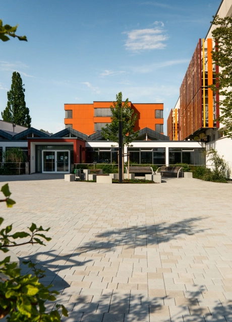 Kalk-Grau und Beige gepflasterter Schulhof mit Sitzelementen und Grünflächen an einem sonnigen Tag mit blauem Himmel. Ein großer Baum spendet Schatten. Im Hintergrund steht ein Schulgebäude mit weißer Fassade und orange-gelben, geometrischen Verzierungen