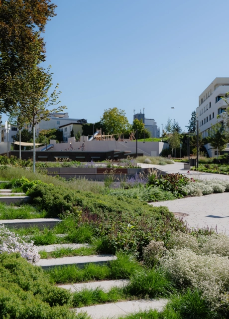 Eine Treppe, welche rundherum von grünen Gräsern bewachsen ist. Rechts daneben befindet sich ein mit Betonsteinen gepflasterter Weg und moderne Wohngebäude.