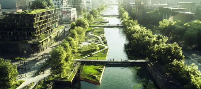 Die Stadt der Zukunft verbindet Bestand und blau-grüne Infrastruktur zu einem lebenswerten urbanen Umfeld.