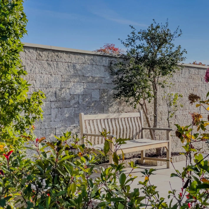 Wooden bench in front of a wall as a privacy screen in a landscaped garden.