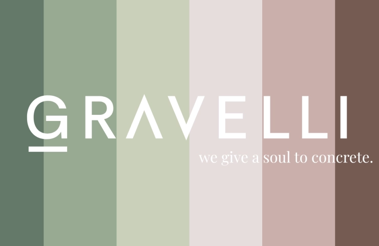 Das Logo von Gravelli steht auf den Markenfarben, die von links nach rechts von grün zu bräunlichen Farben verlaufen. Darunter steht der Claim: we give a soul to concrete. 