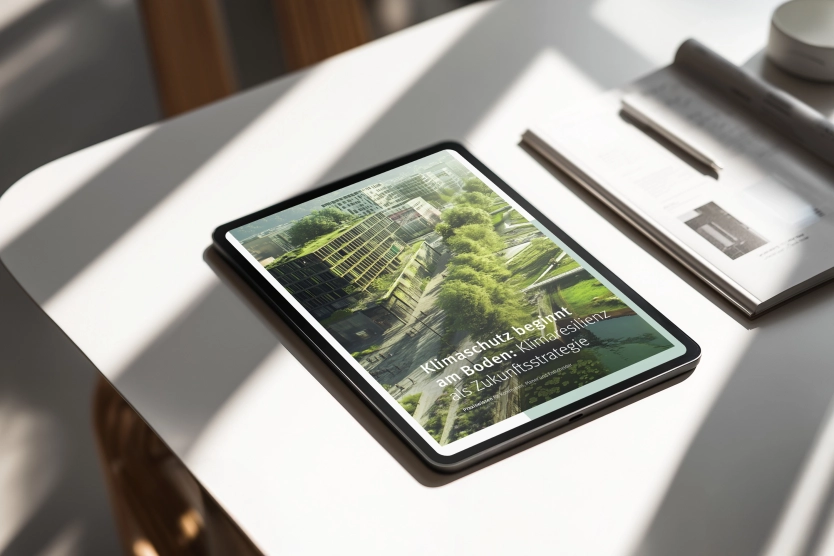 iPad mit dem Whitepaper „Klimaschutz beginnt am Boden: Klimaresilienz als Zukunftsstrategie“