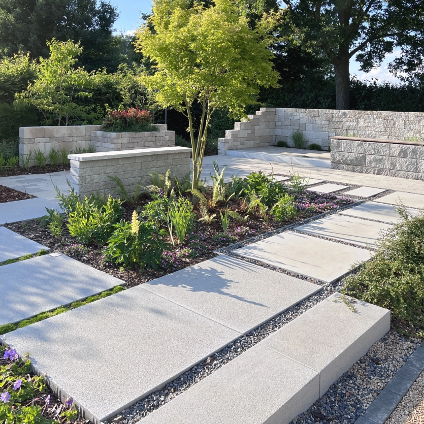 Moderner Garten mit großformatigen Terrassenplatten und Sichtschutz Mauern.
