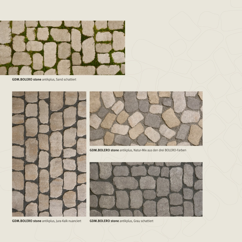 Moodboard mit vier möglichen GDM.BOLERO stone-Varianten auf beigen Hintergrund