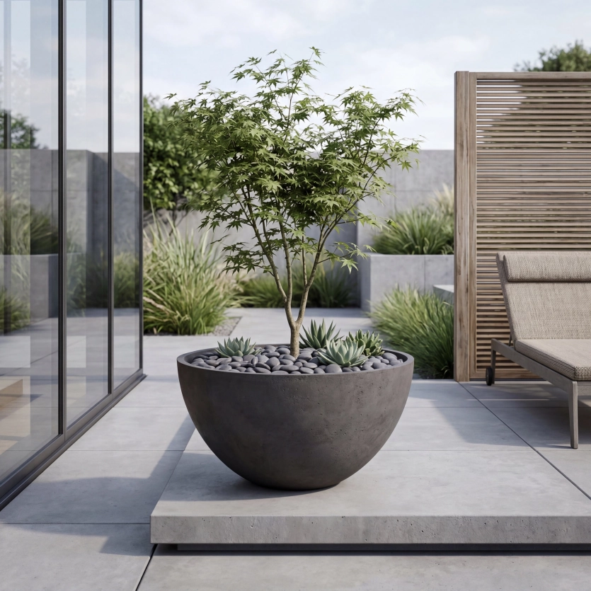 Arbo Planter auf einer abgesetzten Terrasse in Taupe 