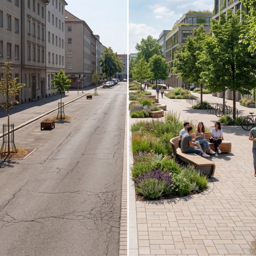 Split-Screen einer deutschen Stadt im Wandel: links heutige Situation mit wenig Grün, viel Asphalt und Hitze; rechts die ideale Zukunft mit viel Bepflanzung, klimafreundlichem Pflaster (Klimastein) und vielen Menschen.