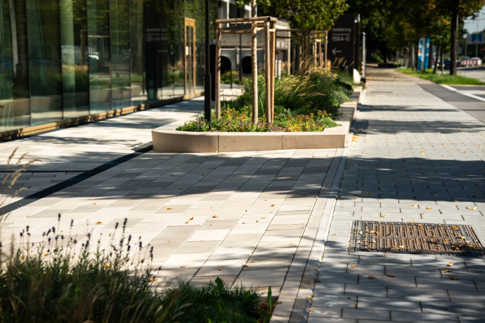 Gepflasterter Gehweg mit grauen GDM.MÜNCHNER Gehwegplatten. Rechts daneben befindet sich ein weiterer, mit GDM.SCENIC individual gepflasterter, Weg und begrünte Beete entlang einer Fensterfront.