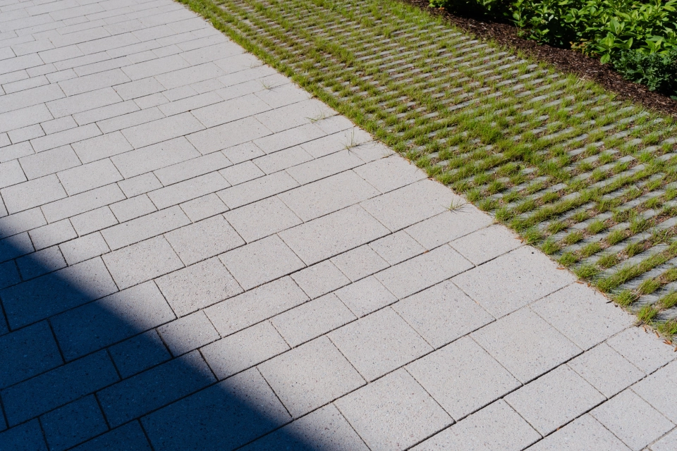 Nahaufnahme von einem grau gepflastertem Weg, welcher zum Rand hin als bewachsener Rasengitterstein ausläuft.