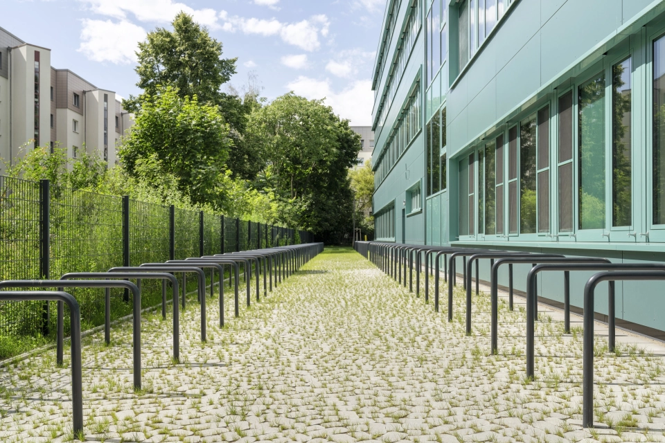 Ein Weg bestehend aus rundlich und natürlich wirkenden Pflastersteinen mit begrünter Fuge, welcher links an einem modernen Schulgebäude mit petrolfarbener Fassade vorbei führt. Auf dem Pfad sind viele Fahrradständer zu erkennen. Der Bereich links neben dem Pfad ist mit Streuchern, Wiesen und Bäumen begrünt.