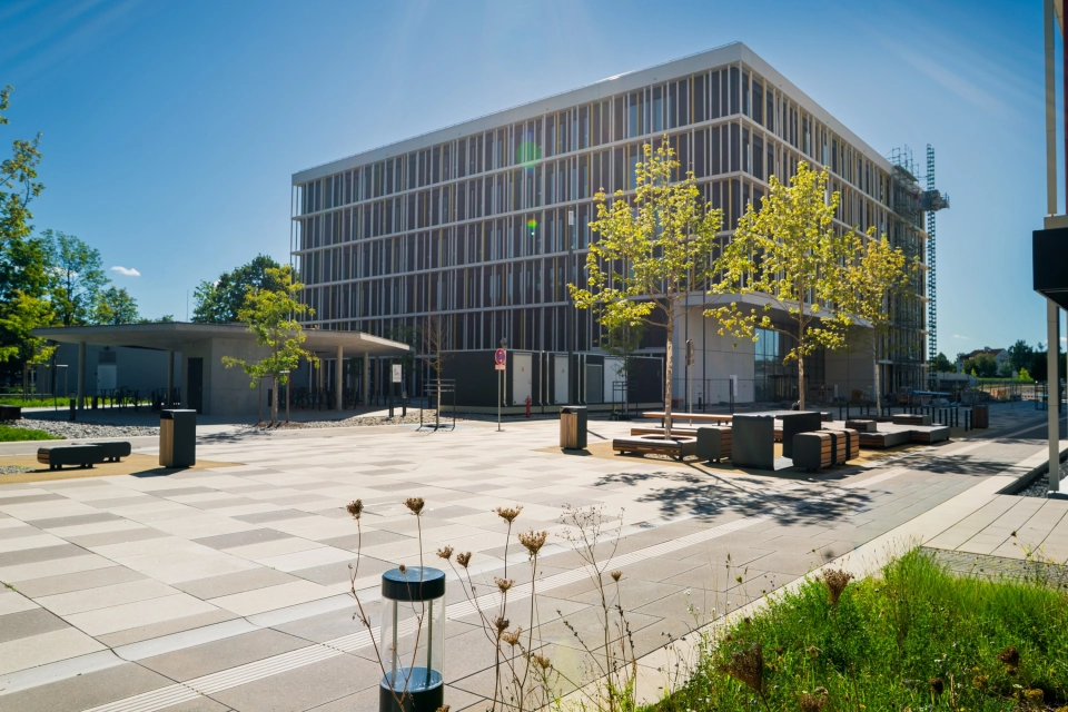 Moderner, offener Platz vor einem mehrstöckigen Gebäude, mit Bäumen, Sitzbänken und klaren Sichtachsen, gepflastert mit GDM.SCENIC stone.