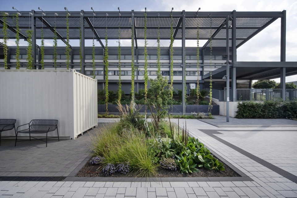 Ein Grau gepflasterter Weg, der zu einem modernen Gebäude mit einer grün-bläulichen Fenster-Fassade führt. Im Vordergrund sind Pflanzen, Container und Sitzmöglichkeiten zu erkennen.