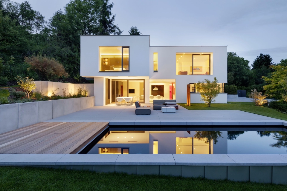 modern house window pool terrace night shot
