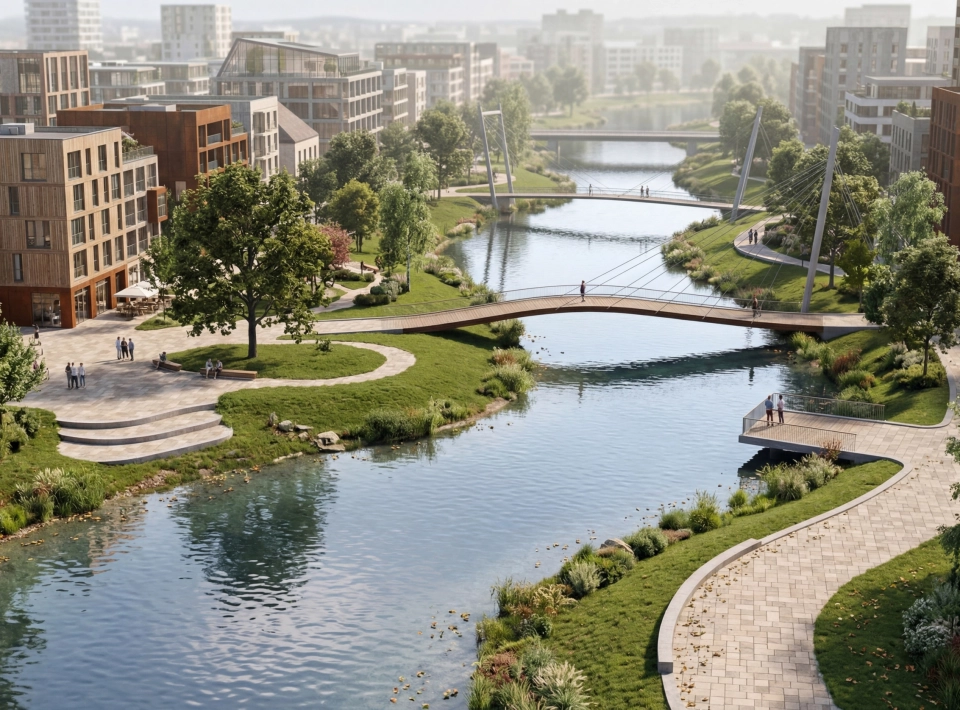 Luftaufnahme einer gürnen Schwammstadt, durch welche ein breiter Fluss fließt und alle wege mit dem GDM. KLIMASTEIN gepflastert sind. Dieser speichert Wasser und sorgt damit für deutlich kühlere Städte.