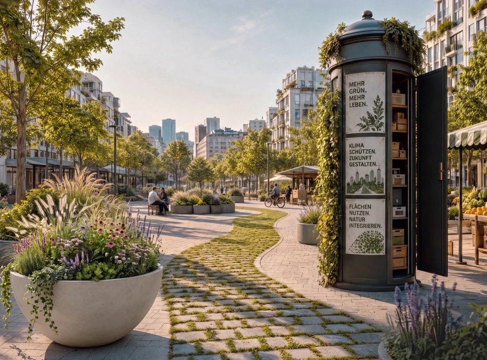 GREEN and THE CITY – grüner Stadtplatz mit begrünten Planter und begrünten Pflaster - KI generiertes Bild mit Godelmann Produkten 